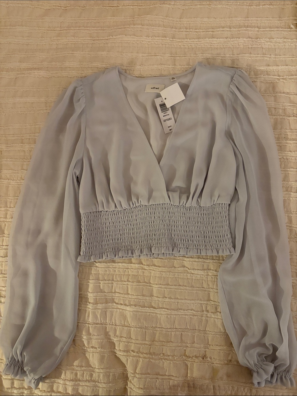 Aritzia Wilfred Pale Blue Smocked-Waist V-Neck Crop Top